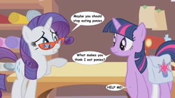 Size: 2560x1440 | Tagged: safe, artist:voreediter, imported from derpibooru, rarity, twilight sparkle, dialogue, eaten alive, fetish, twipred, vore