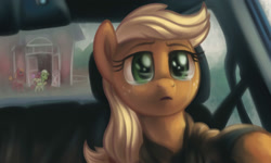 Size: 2000x1200 | Tagged: safe, artist:verulence, imported from derpibooru, apple bloom, applejack, big macintosh, granny smith, earth pony, pony, car, crying, driving, hatless, interstellar, male, missing accessory, newbie artist training grounds, separation, stallion, teary eyes