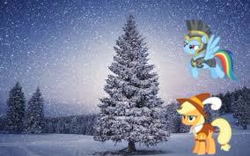 Size: 284x177 | Tagged: safe, imported from derpibooru, applejack, commander hurricane, rainbow dash, smart cookie, hearth's warming eve (episode), armor, christmas, christmas tree, flying, hearth's warming eve, picture for breezies, snow, snowfall, tree