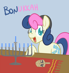 Size: 622x650 | Tagged: safe, artist:atlur, deleted from derpibooru, imported from derpibooru, bon bon, sweetie drops, bonafied, bonpun, dreidel, judaism, menorah, pun, solo