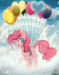 Size: 1647x2075 | Tagged: safe, artist:nao-shii, artist:vipeydashie, imported from derpibooru, pinkie pie, pony, balloon, blushing, cloud, colored pupils, cute, diapinkes, female, open mouth, rainbow, sky, solo, then watch her balloons lift her up to the sky