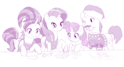 Size: 1280x695 | Tagged: safe, artist:dstears, imported from derpibooru, cookie crumbles, hondo flanks, rarity, sweetie belle, apron, baking, christmas sweater, clothes, cookie, cookie cutter, cookieflanks, family, hat, monochrome, newbie artist training grounds, rarity's parents, rolling pin, santa hat, sketch, sweater