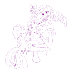 Size: 1000x1020 | Tagged: safe, artist:dstears, imported from derpibooru, angel bunny, applejack, fluttershy, christmas tree, decorating, decoration, monochrome, mouth hold, newbie artist training grounds, popcorn, sketch, tree