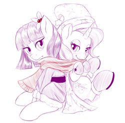 Size: 1180x1168 | Tagged: safe, artist:dstears, imported from derpibooru, maud pie, trixie, pony, unicorn, bedroom eyes, clothes, female, flower, flower in hair, hat, holly, lesbian, looking at you, mare, mauxie, newbie artist training grounds, santa hat, scarf, shared clothing, shared scarf, shipping, sketch