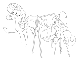 Size: 1000x748 | Tagged: safe, artist:dstears, imported from derpibooru, rarity, sweetie belle, beret, drawing, monochrome, nervous, newbie artist training grounds, pose, shaking, sisters, sketch, sweatdrop