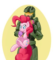 Size: 622x700 | Tagged: safe, artist:dstears, imported from derpibooru, pinkie pie, human, pony, brush, brushie, brushing, hairbrush, halo (series), holding a pony, ice cream cone, licking, master chief, underhoof