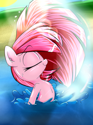 Size: 670x896 | Tagged: safe, artist:madacon, edit, imported from derpibooru, pinkie pie, earth pony, pony, beach, cropped, ear fluff, eyes closed, female, mare, shiny, smiling, solo, splash, swimming, wet, wet mane