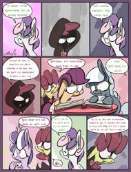 Size: 1235x1625 | Tagged: safe, artist:slitherpon, imported from derpibooru, apple bloom, diamond tiara, scootaloo, sweetie belle, earth pony, ghost, pony, unicorn, alternate universe, comic, cutie mark crusaders, dodo, female, filly, foal, moody mark crusaders