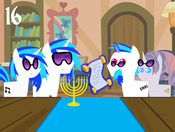 Size: 1024x768 | Tagged: safe, artist:bronybyexception, imported from derpibooru, dj pon-3, vinyl scratch, oc, oc:vinny scratch, pony, advent calendar, christmas, danny sexbang, game grumps, hanukkah, judaism, parent, record scrape, scroll, sunglasses, torah