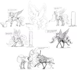 Size: 1584x1440 | Tagged: safe, artist:baron engel, imported from derpibooru, princess celestia, princess luna, twilight sparkle, bodysuit, clothes, comic, female, horn guard, magic, mirror, monochrome, pencil drawing, plushie, socks, thigh highs, traditional art, twilight sparkle plushie, wing hold