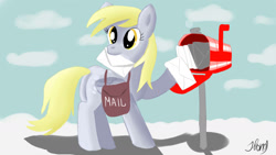 Size: 1280x720 | Tagged: safe, artist:jbond, imported from derpibooru, derpy hooves, pegasus, pony, bag, butt, cloud, cloudy, envelope, female, letter, looking back, mail, mailbag, mailbox, mailmare, mailpony, mare, mouth hold, plot, postmare, signature, solo, underp, working