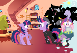 Size: 3288x2291 | Tagged: safe, artist:fritzybeat, artist:kenolax, imported from derpibooru, cerberus (character), pinkie pie, spike, twilight sparkle, cerberus, it's about time, collaboration, cover art, crystal ball, food, future (what are the odds), future spike, future twilight, golden oaks library, ice cream, madame pinkie, multiple heads, three heads, time travel, turban