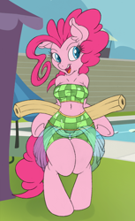 Size: 488x800 | Tagged: safe, artist:dfectivedvice, imported from derpibooru, pinkie pie, anthro, unguligrade anthro, adorasexy, arm hooves, belly, belly button, bikini, breasts, clothes, colored sketch, cute, diapinkes, ear fluff, female, mare, open mouth, pool noodle, pool toy, sexy, smiling, solo, swimsuit