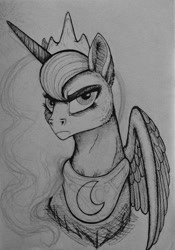 Size: 923x1317 | Tagged: safe, artist:zeuzeubee, imported from derpibooru, princess luna, female, fluffy, frown, glare, grayscale, grumpy, looking at you, monochrome, portrait, solo, spread wings, traditional art, unamused