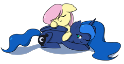 Size: 1540x800 | Tagged: safe, artist:llama-senpai, imported from derpibooru, fluttershy, princess luna, eyes closed, floppy ears, pony pile, prone, wink