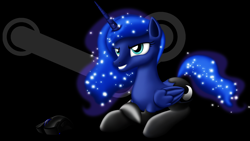 Size: 1920x1080 | Tagged: safe, artist:tsaritsaluna, imported from derpibooru, princess luna, gamer luna, clothes, female, grin, prone, socks, solo, steam (software)