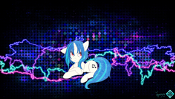 Size: 2732x1536 | Tagged: safe, artist:jamesg2498, artist:shelmo69, artist:sorenbrian, imported from derpibooru, dj pon-3, vinyl scratch, pony, unicorn, abstract background, cutie mark, electricity, female, hooves, horn, lying down, mare, red eyes, smiling, solo, vector, wallpaper, watermark