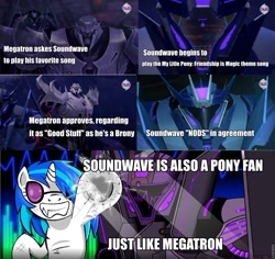 Size: 960x907 | Tagged: safe, imported from derpibooru, dj pon-3, vinyl scratch, advertisement, brony megatron, commercial, megatron, official, soundscratch, soundwave, transformers, transformers prime