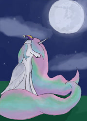 Size: 360x504 | Tagged: safe, artist:effervecentlytwee, imported from derpibooru, princess celestia, crying, female, floppy ears, mare in the moon, moon, newbie artist training grounds, night, sad, sitting, solo