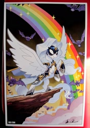 Size: 1118x1589 | Tagged: safe, artist:tonyfleecs, imported from derpibooru, bat, pegasus, pony, armor, lady death, mask, ponified, rainbow, solo, white hair