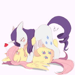 Size: 3000x3000 | Tagged: safe, artist:alina1222, imported from derpibooru, fluttershy, rarity, blushing, eye contact, female, flarity, floppy ears, heart, lesbian, on back, pinned, shipping, simple background, yukadon