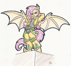 Size: 2010x1853 | Tagged: safe, artist:sensko, imported from derpibooru, fluttershy, anthro, crossover, dio brando, female, flutterbat, jojo's bizarre adventure, looking down, pencil drawing, solo, traditional art