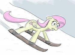 Size: 2048x1536 | Tagged: safe, artist:werdkcub, imported from derpibooru, fluttershy, female, gritted teeth, skiing, solo, wide eyes