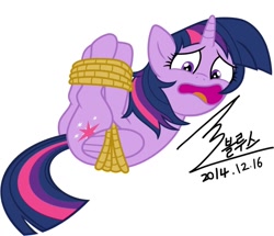 Size: 900x775 | Tagged: safe, artist:bluse, imported from derpibooru, twilight sparkle, alicorn, pony, background removed, bondage, female, hogtied, mare, rope, show accurate, signature, simple background, solo, twilight sparkle (alicorn), white background