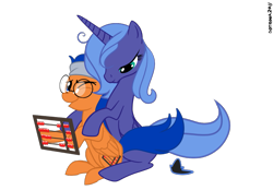 Size: 1061x739 | Tagged: dead source, safe, artist:dotrook, imported from derpibooru, princess luna, oc, oc:abacus, abacus, canon x oc, glasses, s1 luna, simple background