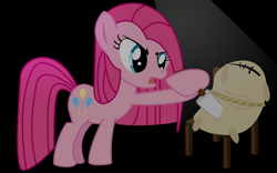 Size: 1280x800 | Tagged: safe, artist:takaishi, imported from derpibooru, madame leflour, pinkie pie, chair, female, knife, pinkamena diane pie, rope, solo