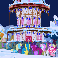 Size: 800x800 | Tagged: safe, imported from derpibooru, screencap, berry punch, berryshine, carrot top, daisy, derpy hooves, flower wishes, golden harvest, lemon hearts, mayor mare, sassaflash, twinkleshine, earth pony, pegasus, pony, unicorn, winter wrap up, background pony, background pony audience, clone, clones, cropped, derpies, female, mare, multeity, my little pony logo, ponyville town hall, town hall, unstoppable force of derp, winter, winter wrap up vest