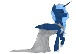 Size: 970x686 | Tagged: safe, artist:amber flicker, imported from derpibooru, princess luna, alternate hairstyle, clothes, dress, eyes closed, female, queen luna, raised hoof, smiling, solo, wedding dress