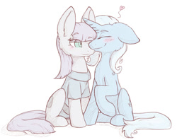 Size: 988x782 | Tagged: safe, artist:kathyatipton, imported from derpibooru, maud pie, trixie, pony, unicorn, blushing, female, heart, lesbian, mare, mauxie, nuzzling, shipping, snuggling