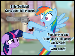 Size: 800x600 | Tagged: safe, imported from derpibooru, rainbow dash, twilight sparkle, floppy ears, frown, gun, hoof hold, open mouth, revolver, smiling, team fortress 2, this will end in tears, this will end in tears and/or death, wide eyes