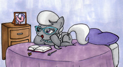 Size: 1665x912 | Tagged: safe, artist:thedarklordkeisha, imported from derpibooru, diamond tiara, silver spoon, pony, bed, bedroom eyes, diary, female, glasses, lesbian, open mouth, prone, shipping, silvertiara, smiling, solo, traditional art