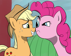 Size: 883x691 | Tagged: safe, artist:varemia, imported from derpibooru, applejack, pinkie pie, party of one, grin, nose wrinkle, scene interpretation, stare, sweat