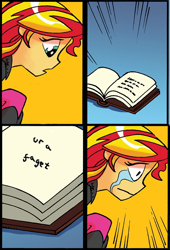 Size: 606x890 | Tagged: safe, edit, idw, imported from derpibooru, sunset shimmer, human, equestria girls, spoiler:comic, spoiler:comicholiday2014, 4chan, comic, crying, female, frown, humanized, shimmerbuse, solo, ur a faget, vulgar, wide eyes