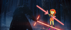 Size: 819x343 | Tagged: safe, edit, edited screencap, imported from derpibooru, screencap, sunset shimmer, equestria girls, rainbow rocks, crossguard lightsaber, double lightsaber, kylo ren, lightsaber, meme, star wars, star wars: the force awakens, weapon