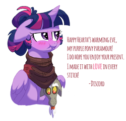 Size: 1280x1236 | Tagged: safe, artist:lopoddity, deleted from derpibooru, imported from derpibooru, discord, twilight sparkle, alicorn, pony, pandoraverse, alternate hairstyle, angry, blushing, clothes, cute, discolight, embarrassed, female, grumpy, hearth's warming eve, male, mare, nose wrinkle, plushie, princess tsunlight, scarf, scrunchy face, shipping, straight, tsundere, tsunlight sparkle, twilight sparkle (alicorn)