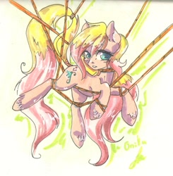 Size: 1280x1304 | Tagged: safe, artist:cloud-up, imported from derpibooru, oc, oc only, oc:flower candy, ask flower candy, bondage, rope, solo, suspended