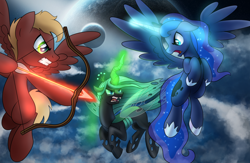 Size: 1024x668 | Tagged: safe, artist:drawponies, imported from derpibooru, princess luna, queen chrysalis, oc, changeling, fight, space