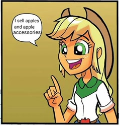 Size: 961x1006 | Tagged: safe, artist:tonyfleecs, idw, imported from derpibooru, applejack, equestria girls, spoiler:comic, spoiler:comicholiday2014, applejack's opinion, comic, equestria girls holiday special, exploitable meme, female, hank hill, holiday special, king of the hill, mac, meme, simple background, solo