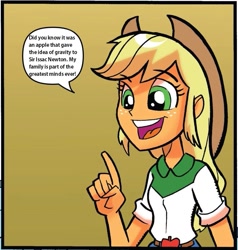 Size: 887x930 | Tagged: safe, artist:tonyfleecs, idw, imported from derpibooru, applejack, equestria girls, spoiler:comic, spoiler:comicholiday2014, apple, applejack's opinion, comic, equestria girls holiday special, exploitable meme, female, gravity, holiday special, isaac newton, meme, simple background, sir isaac newton, solo