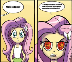 Size: 740x642 | Tagged: safe, edit, idw, imported from derpibooru, fluttershy, equestria girls, spoiler:comic, comic, conan the barbarian, destroy all enemies, exploitable, exploitable meme, gaming, meme, text edit, this will end in tears