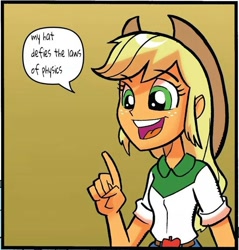 Size: 687x720 | Tagged: safe, artist:tonyfleecs, idw, imported from derpibooru, applejack, equestria girls, spoiler:comic, spoiler:comicholiday2014, applejack's opinion, comic, equestria girls holiday special, exploitable meme, female, hammerspace, holiday special, magic, meme, physics, simple background, solo