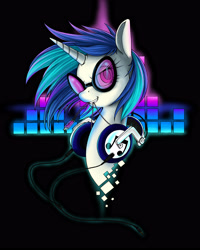 Size: 3193x4000 | Tagged: safe, artist:longinius, imported from derpibooru, dj pon-3, vinyl scratch, pony, unicorn, female, headphones, horn, mare, mouth hold, portrait, smiling, solo, sunglasses, teeth