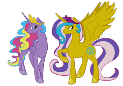 Size: 4000x2796 | Tagged: safe, artist:luminousgrave, imported from derpibooru, princess gold lily, princess sterling, alicorn, absurd resolution, looking at you, raised hoof, simple background, smiling, spread wings, transparent background, vector