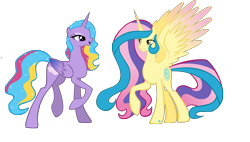 Size: 6208x3522 | Tagged: safe, artist:xebck, imported from derpibooru, princess gold lily, princess sterling, alicorn, pony, absurd resolution, colored wings, duo, female, gradient wings, mare, raised hoof, simple background, sparkly mane, sparkly tail, spread wings, transparent background, wings