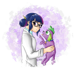 Size: 1158x1048 | Tagged: safe, artist:mornincloud, imported from derpibooru, sci-twi, spike, spike the regular dog, twilight sparkle, dog, equestria girls, rainbow rocks, humanized, pixiv