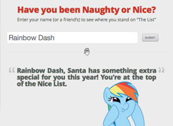 Size: 781x570 | Tagged: safe, imported from derpibooru, rainbow dash, dashface, exploitable meme, have you been naughty or nice?, meme, santa claus